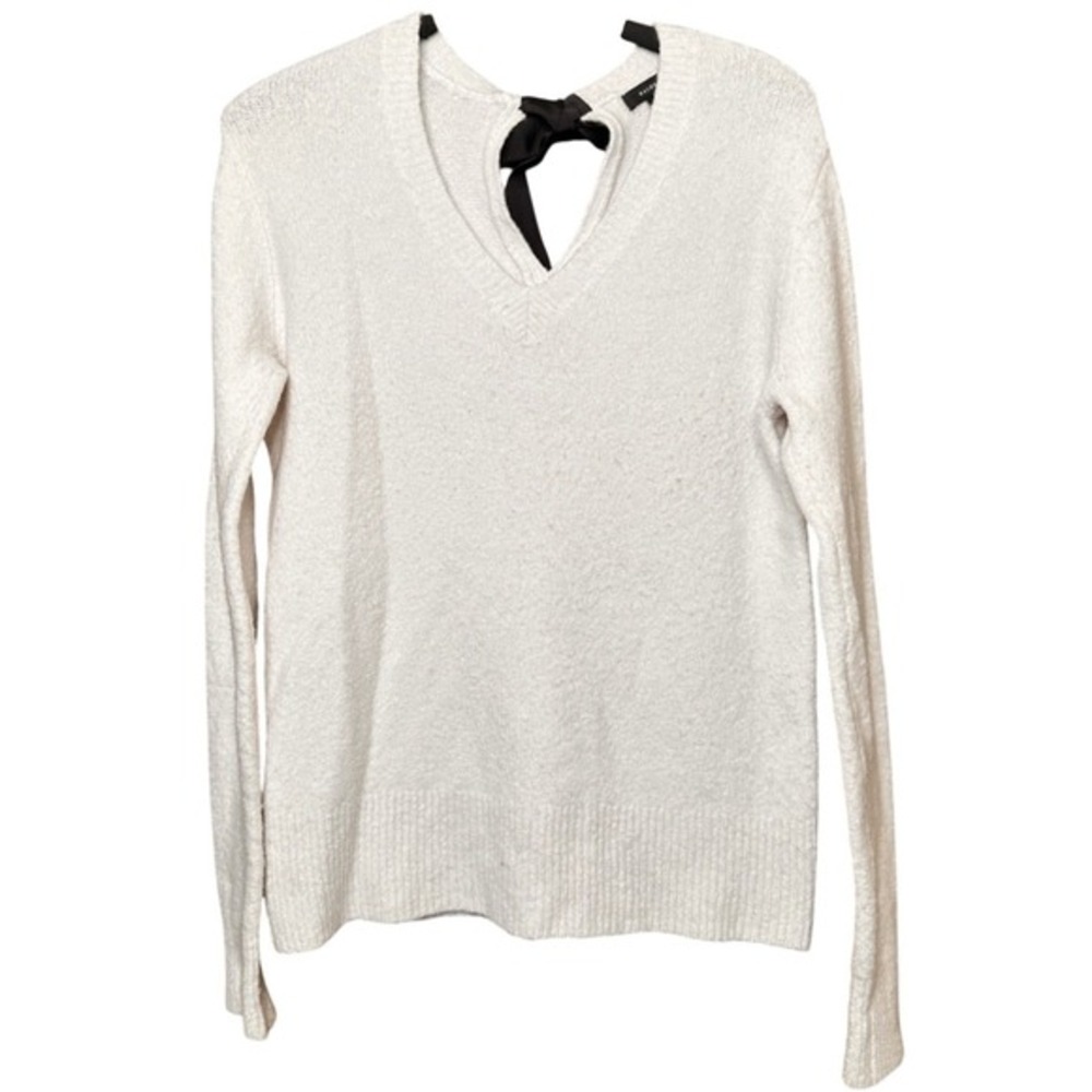 Halogen Cottagecore Wool Blend V-Neck Sweater with Back Bow Detail Women S White